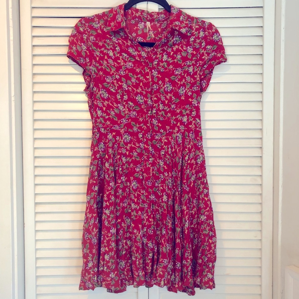 Cotton Candy Red Floral Short Sleeve Button-Up Dress